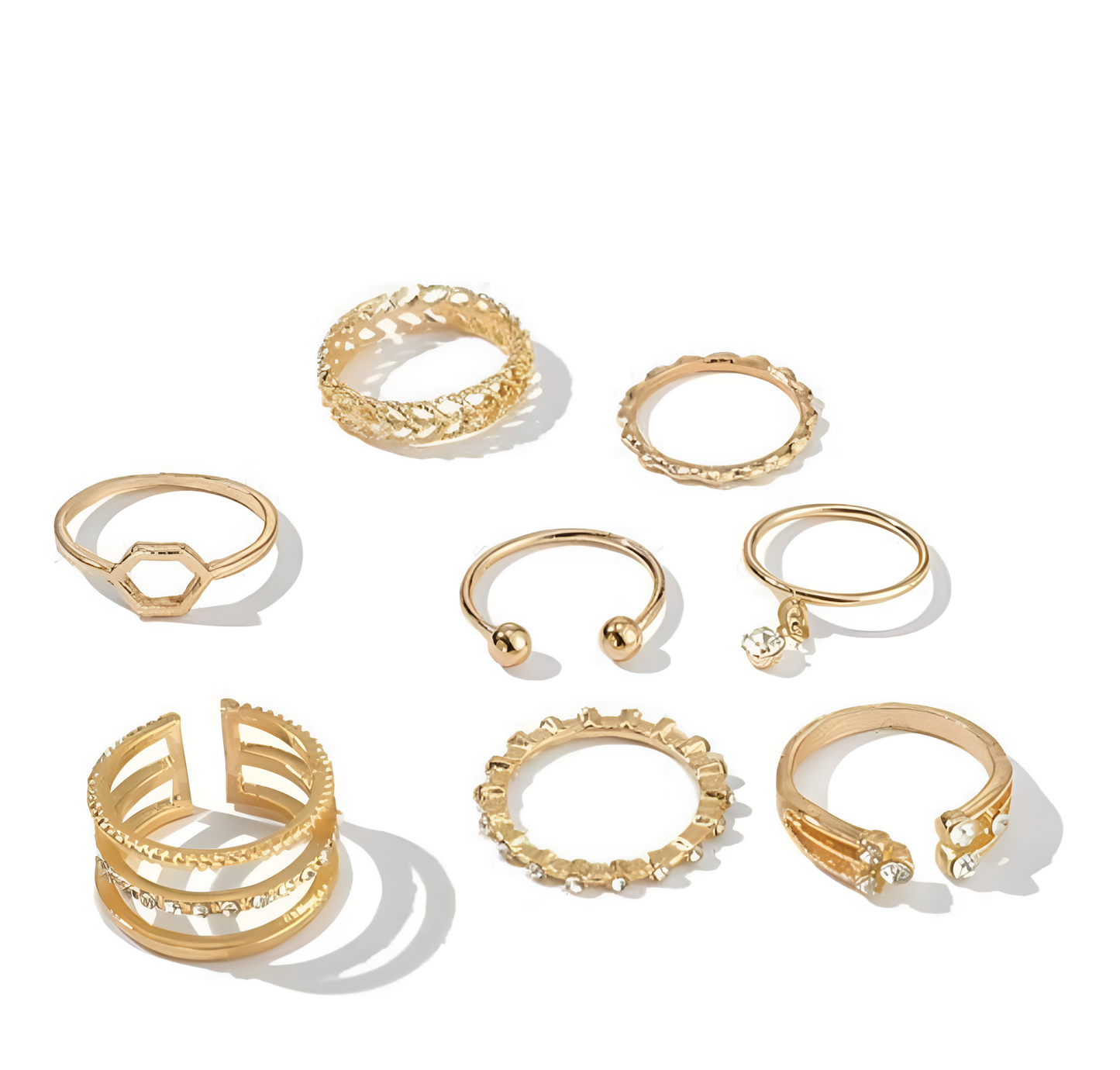 Gold Plated 8 Piece White Crystal Drop Heart Multi Designs Ring Set For Women & Girls