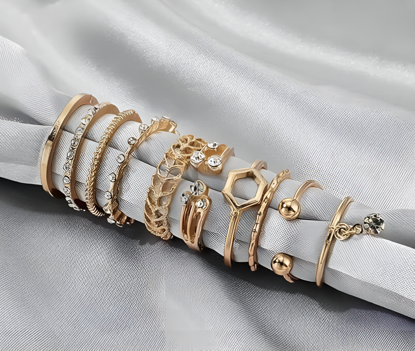 Gold Plated 8 Piece White Crystal Drop Heart Multi Designs Ring Set For Women & Girls