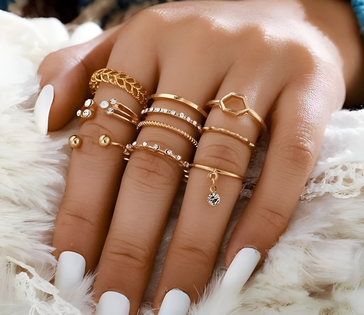 Gold Plated 8 Piece White Crystal Drop Heart Multi Designs Ring Set For Women & Girls