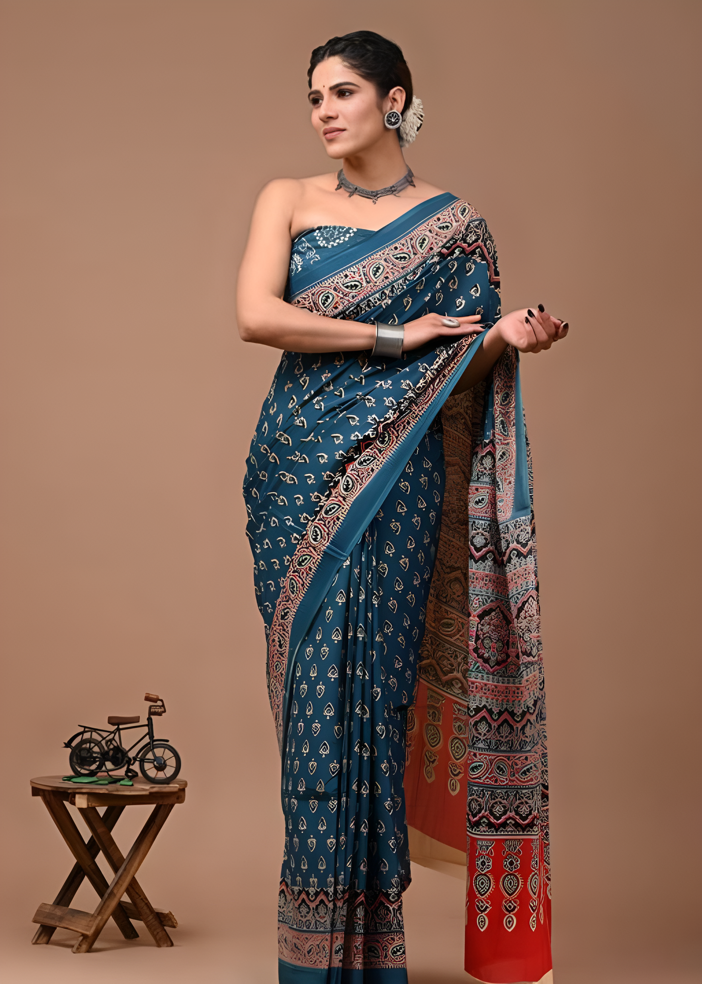 Rovim Women's Hand Block Indigo Printed Cotton Mulmul Saree with blouse