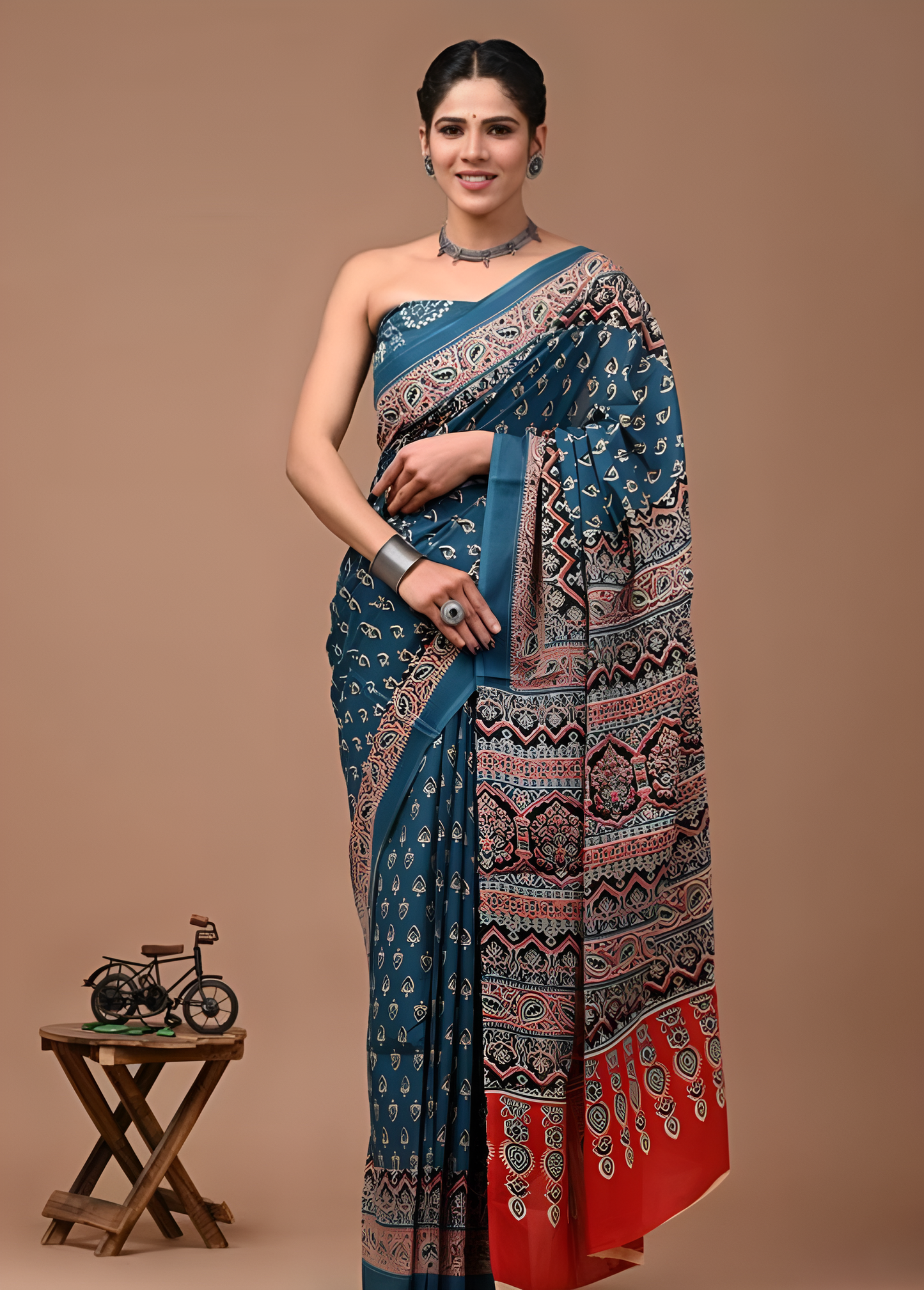 Rovim Women's Hand Block Indigo Printed Cotton Mulmul Saree with blouse