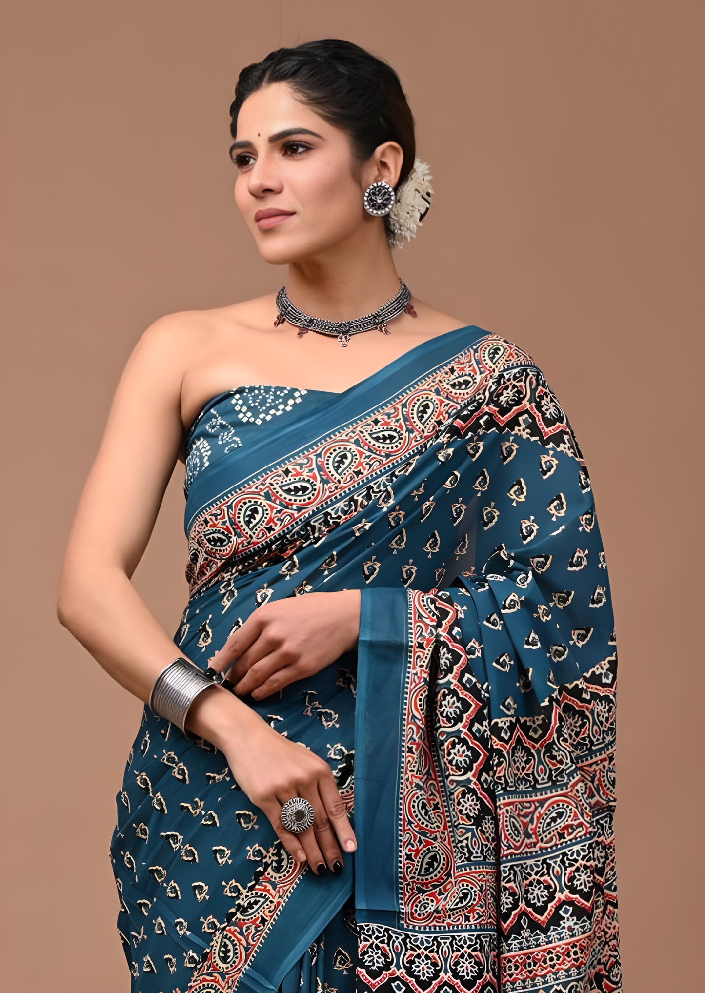 Rovim Women's Hand Block Indigo Printed Cotton Mulmul Saree with blouse