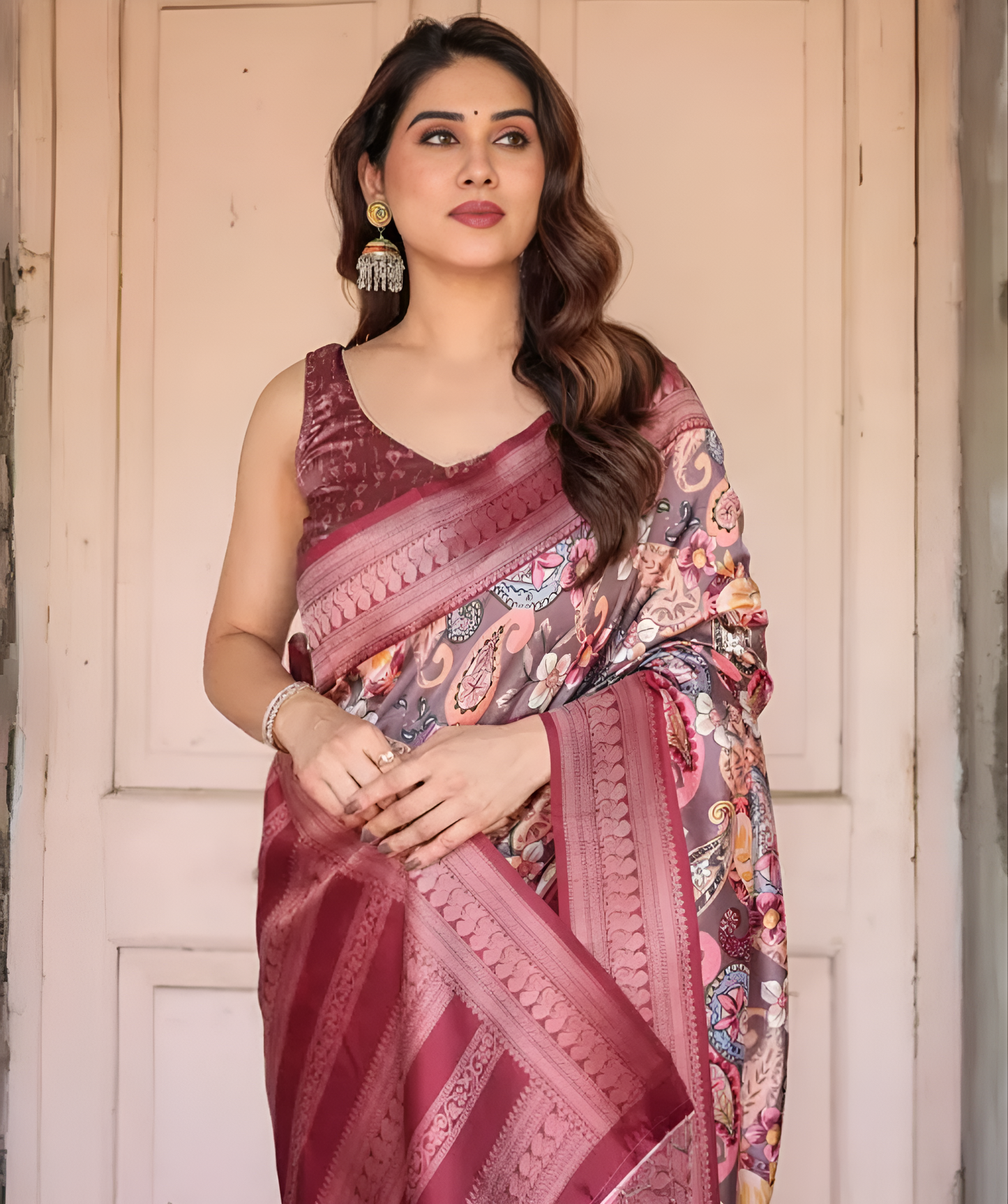 Traditional Banarasi Satin Silk Saree with Stylish Tassels & With Blouse Piece