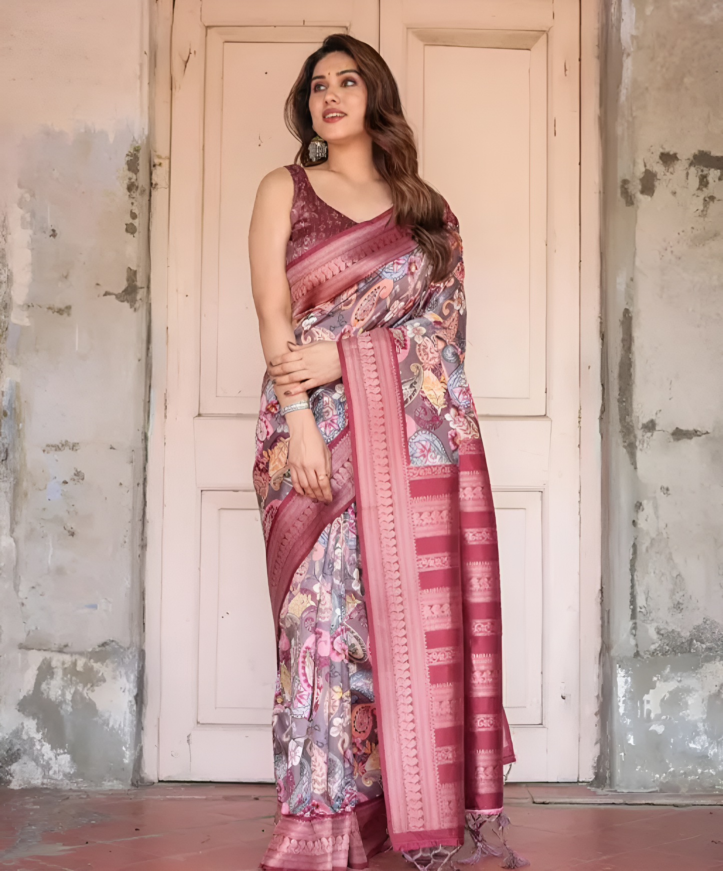 Traditional Banarasi Satin Silk Saree with Stylish Tassels & With Blouse Piece