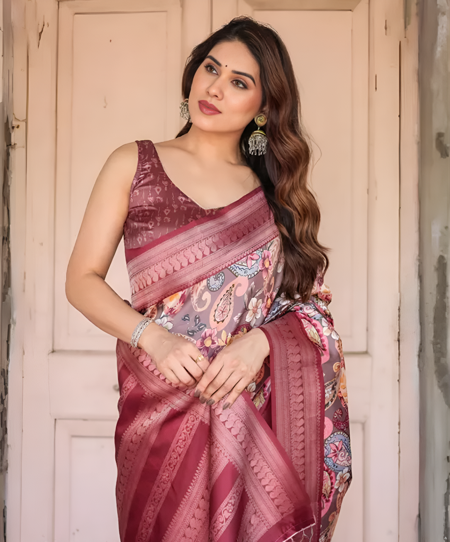 Traditional Banarasi Satin Silk Saree with Stylish Tassels & With Blouse Piece