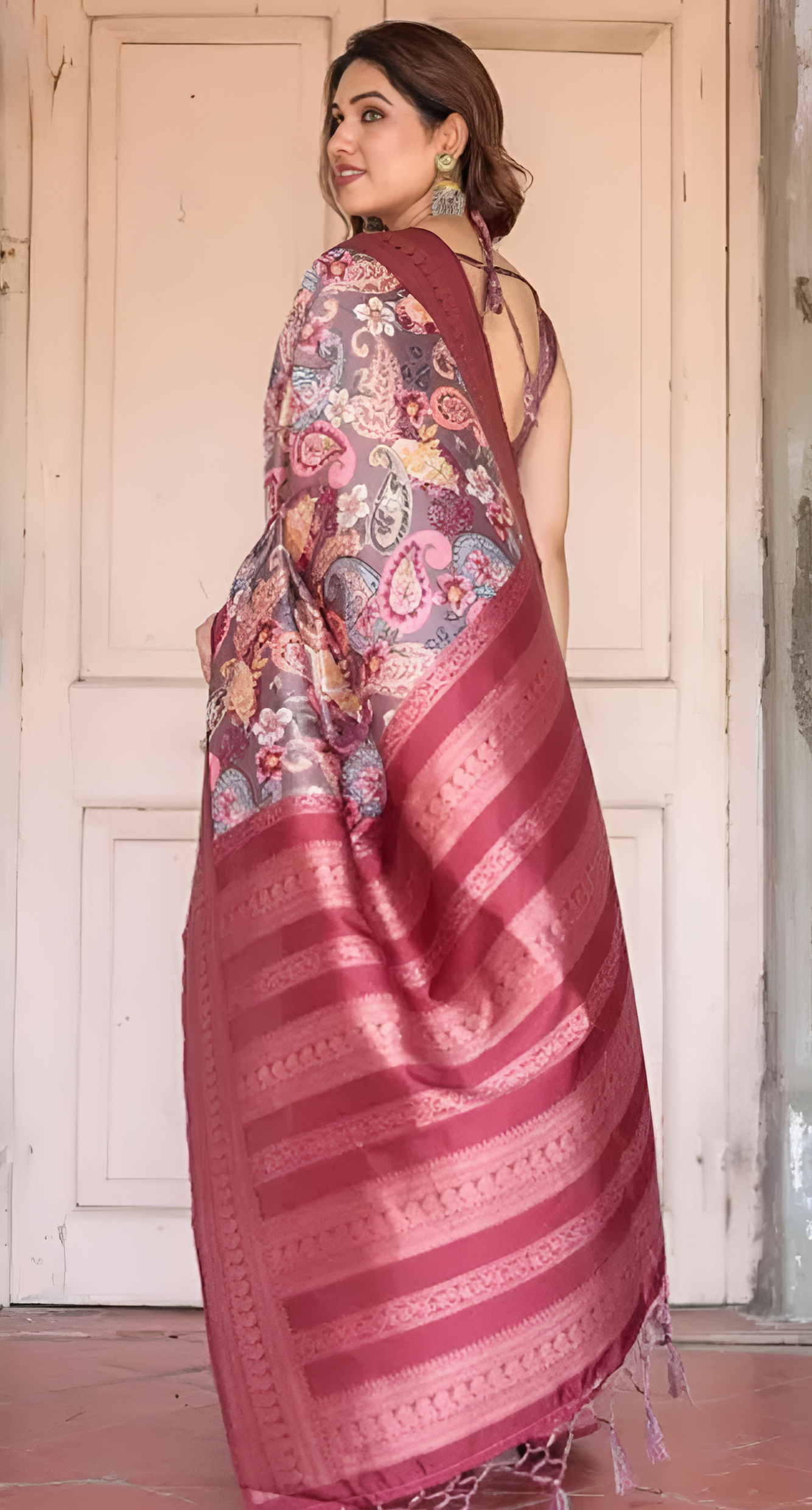 Traditional Banarasi Satin Silk Saree with Stylish Tassels & With Blouse Piece